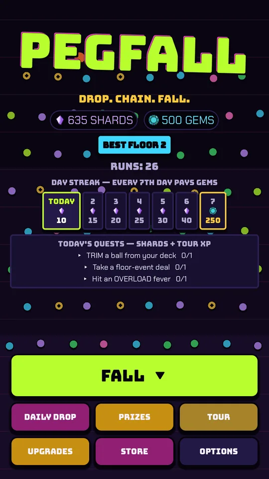 The PEGFALL main menu, showing the current floor and run options.