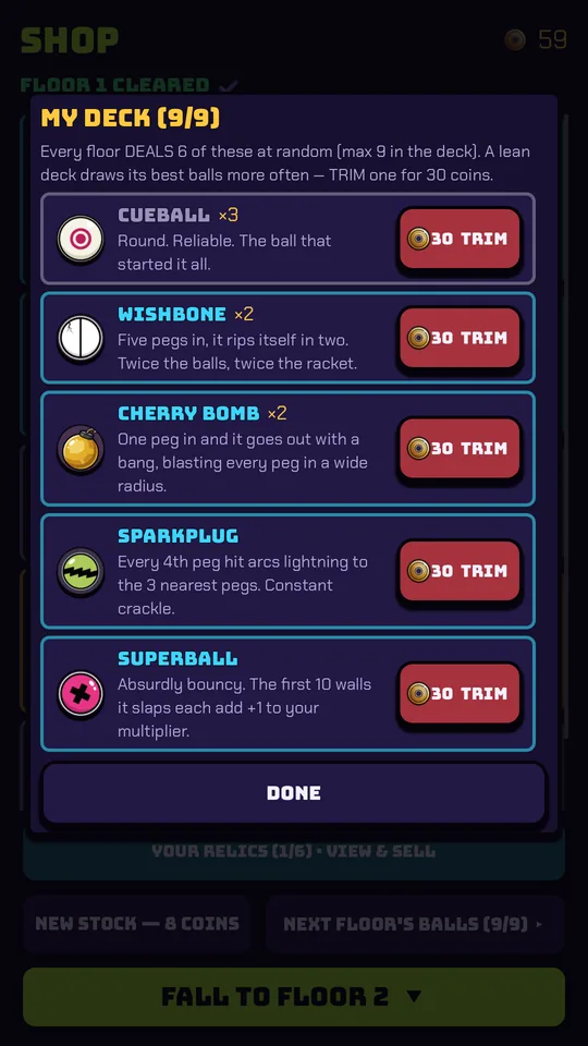 The deck screen showing the player's collected balls.